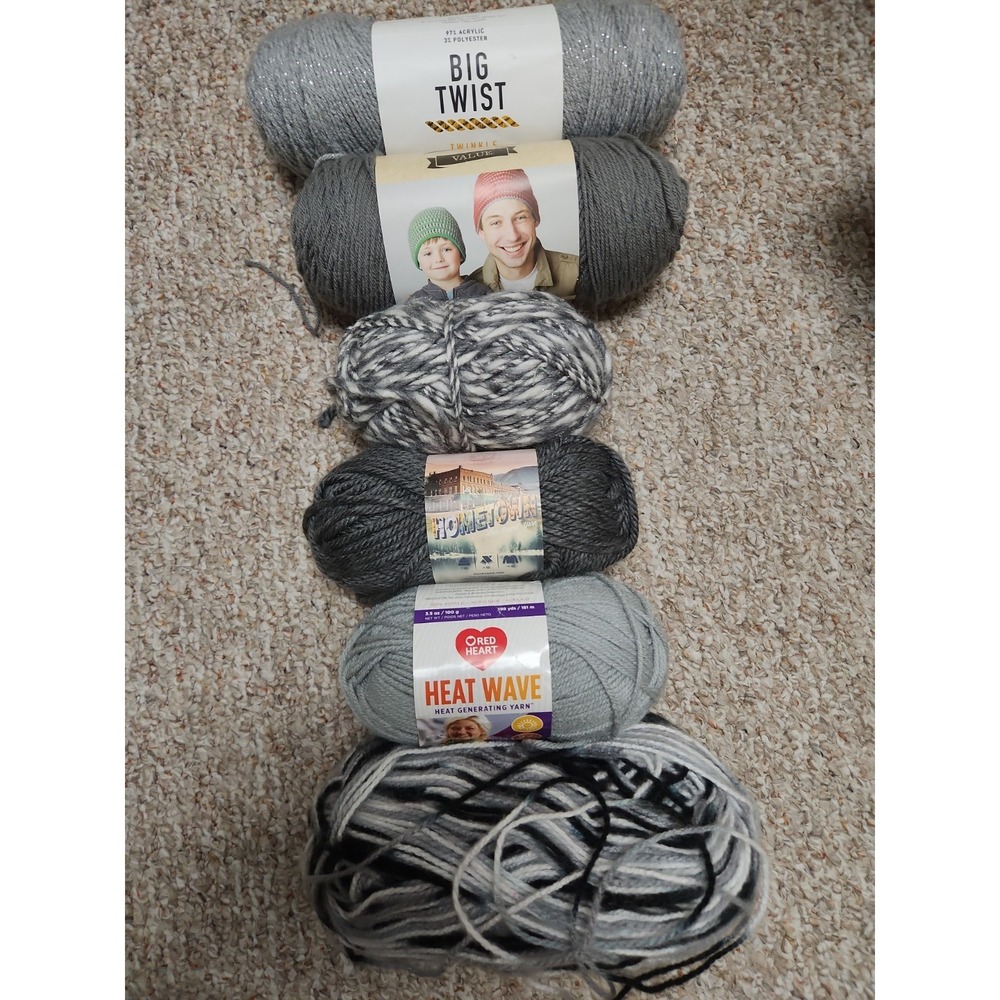 Yarn Mixed Lot Of‎ 6 Grays Multicolors Red Heart Hometown Big Twist